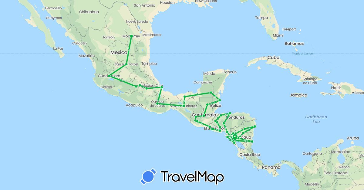 TravelMap itinerary: driving, bus in Belize, Guatemala, Honduras, Mexico, Nicaragua, El Salvador (North America)